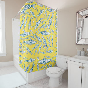 Portuguese Lisbon Sardines Pattern Azulejos Yellow Shower Curtain