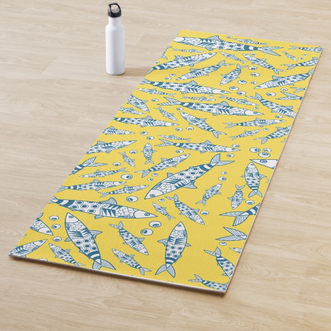 Portuguese Lisbon Sardines Pattern Azulejos Yellow Yoga Mat (In Situ)