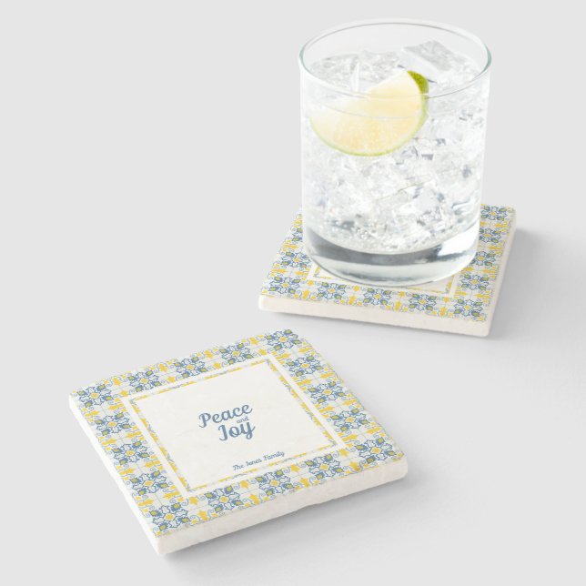 Portuguese pretty tiles frame for family Christmas Stone Coaster (Side)