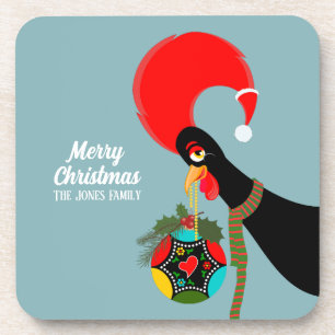 Portuguese Rooster and holly Christmas bauble Coaster