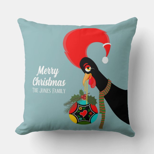 Portuguese Rooster and holly Christmas bauble Cushion (Front)