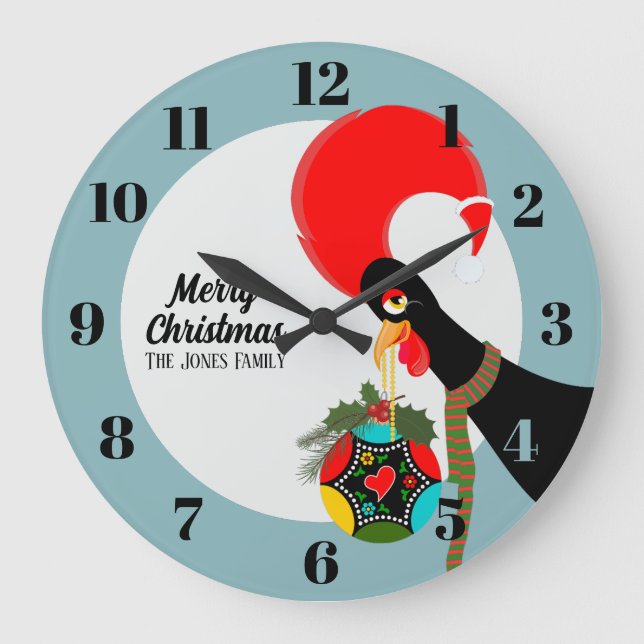 Portuguese Rooster and holly Christmas bauble Large Clock (Front)