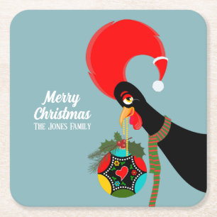 Portuguese Rooster and holly Christmas bauble Square Paper Coaster