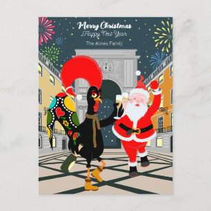Portuguese Rooster and Santa toast to the New Year Holiday Postcard