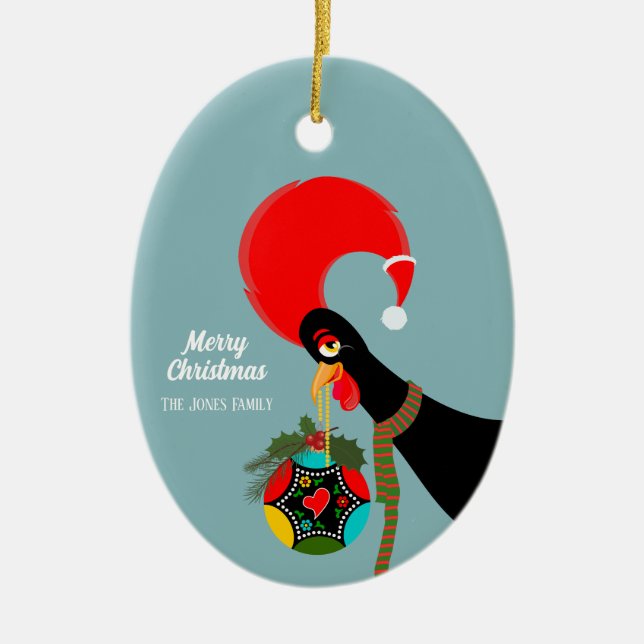 Portuguese Rooster Christmas holly bauble Ceramic Tree Decoration (Front)