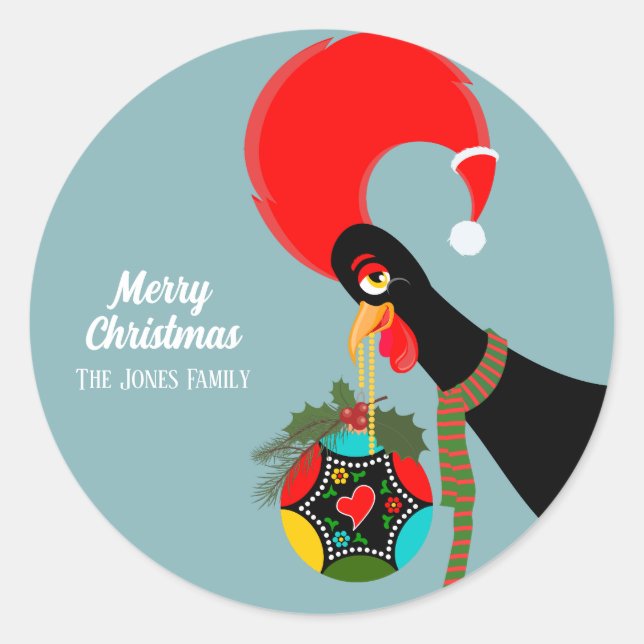 Portuguese Rooster  Christmas holly bauble Classic Round Sticker (Front)