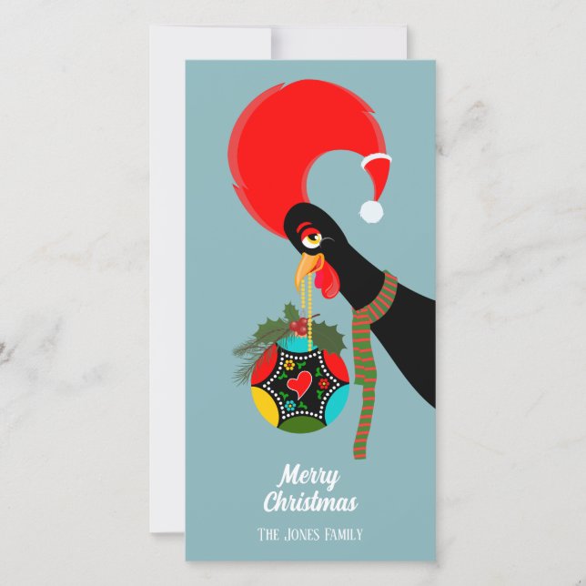 Portuguese Rooster Christmas holly bauble  Holiday Card (Front)