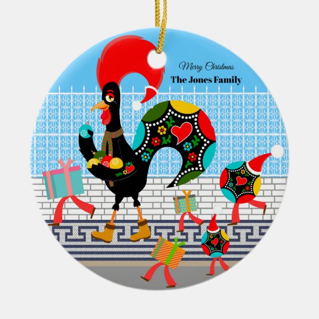 Portuguese Rooster Festive Christmas Parade Ceramic Tree Decoration (Front)