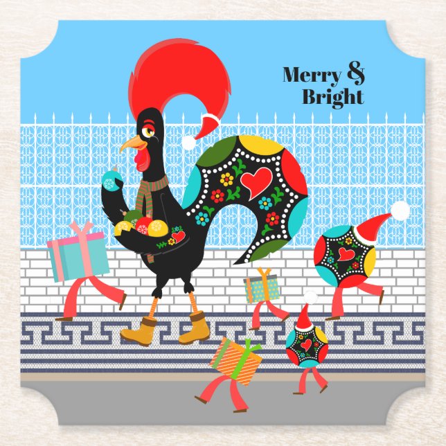 Portuguese Rooster Festive Christmas Parade Paper Coaster (Front)