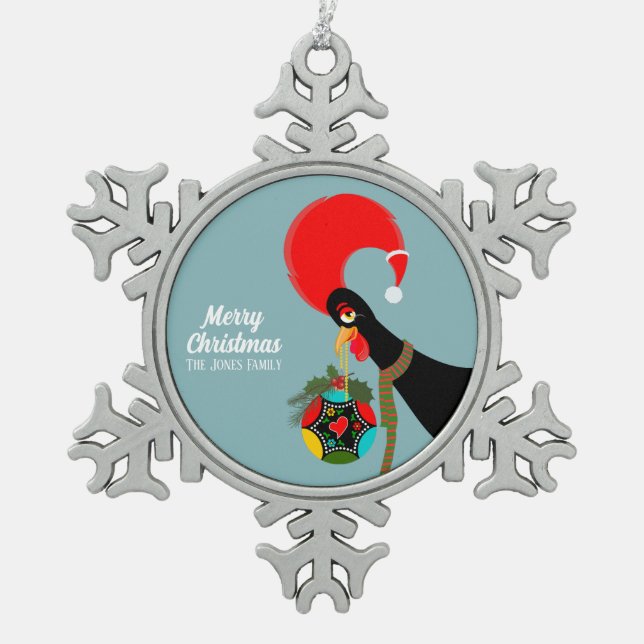 Portuguese Rooster Holly Christmas bauble Snowflake Pewter Christmas Ornament (Front)