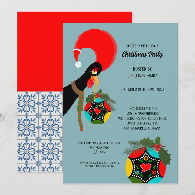 Portuguese Rooster holly Christmas party  Bauble Invitation (Front/Back)