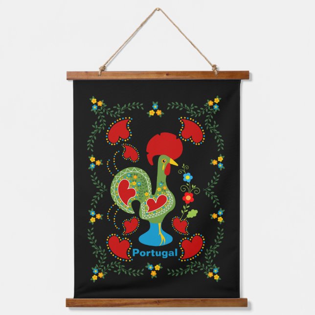 Portuguese Rooster of Luck in green colour Hanging Tapestry (Front)