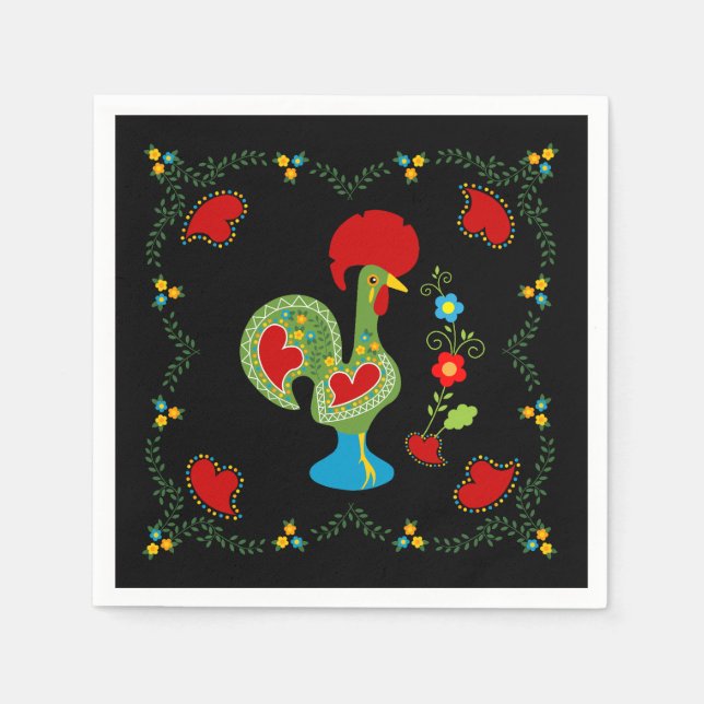 Portuguese Rooster of Luck in green colour Napkin (Front)