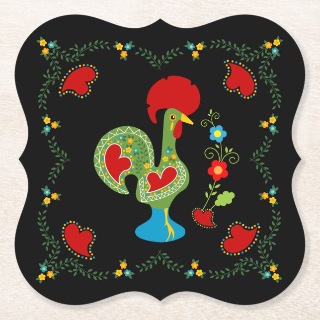 Portuguese Rooster of Luck in green colour Paper Coaster (Front)