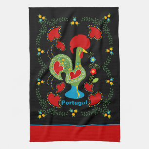 Portuguese Rooster of Luck in green colour Tea Towel