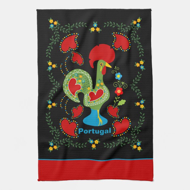 Portuguese Rooster of Luck in green colour Tea Towel (Vertical)
