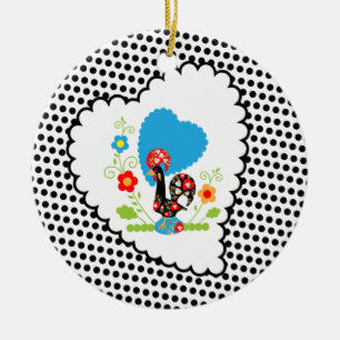 Portuguese rooster with black polka dots ceramic tree decoration