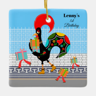 Portuguese Rooster with gifts 1st Birthday Party  Ceramic Ornament