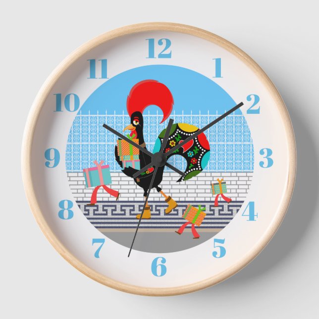 Portuguese Rooster with gifts 1st Birthday Party  Clock (Front)