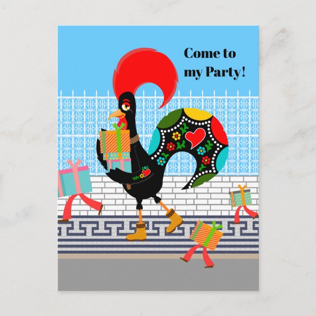 Portuguese Rooster with gifts 1st Birthday Party  Invitation Postcard (Front)
