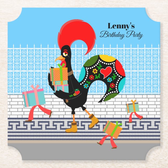 Portuguese Rooster with gifts 1st Birthday Party  Paper Coaster (Front)