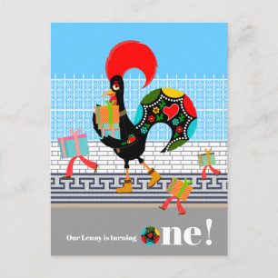 Portuguese Rooster with gifts 1st Birthday Party  Postcard