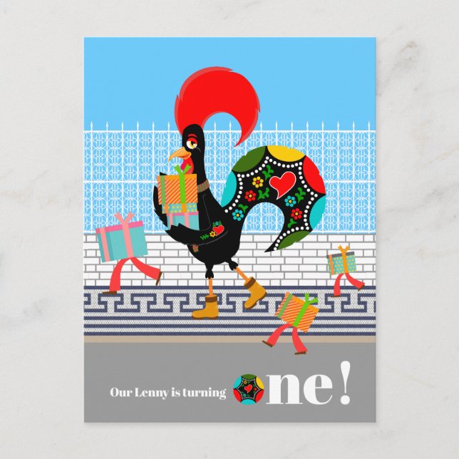 Portuguese Rooster with gifts 1st Birthday Party  Postcard (Front)