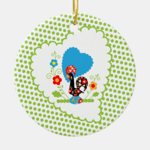 Portuguese Rooster with light green polka dots. Ceramic Tree Decoration