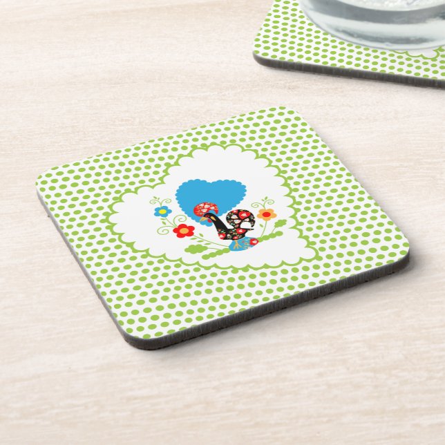 Portuguese Rooster with light green polka dots. Coaster (Left Side)