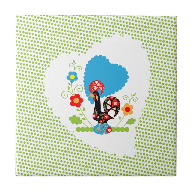 Portuguese Rooster with light green polka dots. Tile (Front)