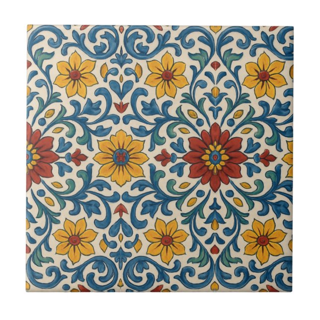 Portuguese Spanish Floral Mediterranean Pattern Tile (Front)