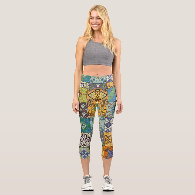 Portuguese Talavera Tile Design Capri Leggings (Front)