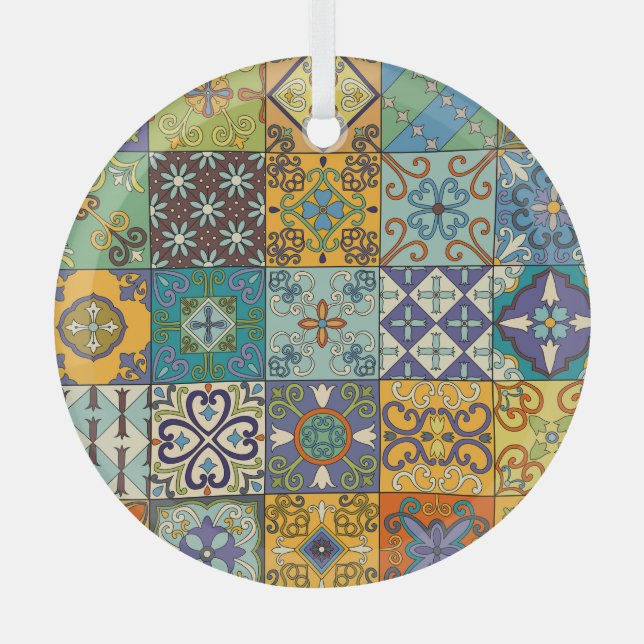 Portuguese Talavera Tile Design Glass Tree Decoration (Front)