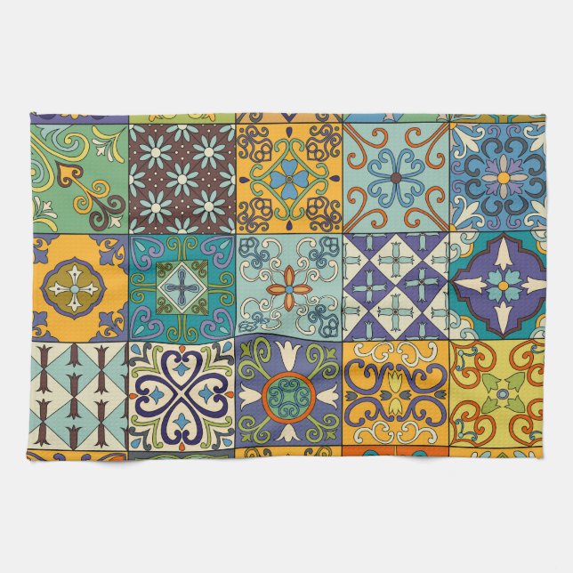 Portuguese Talavera Tile Design Tea Towel (Horizontal)