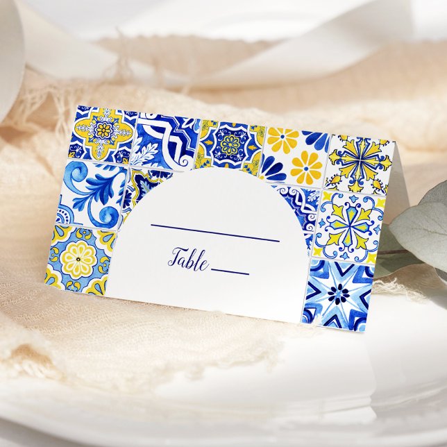 Portuguese Tile Blue Yellow White Arch Wedding Place Card (Creator Uploaded)