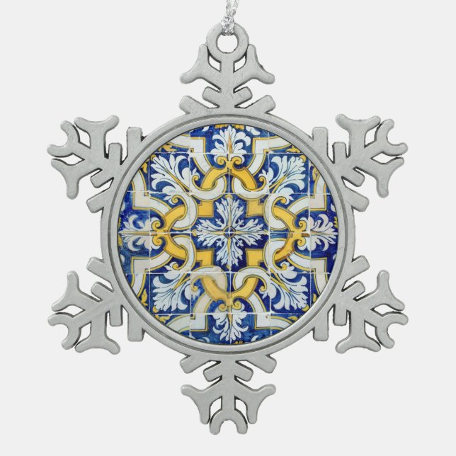 Portuguese tile designs snowflake pewter christmas ornament (Front)