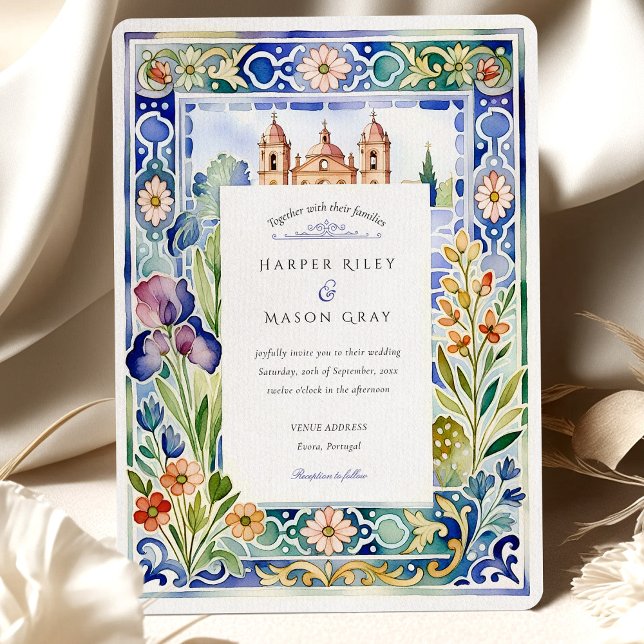 Portuguese Tile & Évora Floral Watercolor Wedding Invitation (Creator Uploaded)