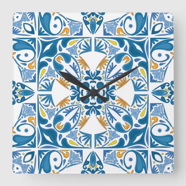 Portuguese Tile Pattern Square Wall Clock (Front)