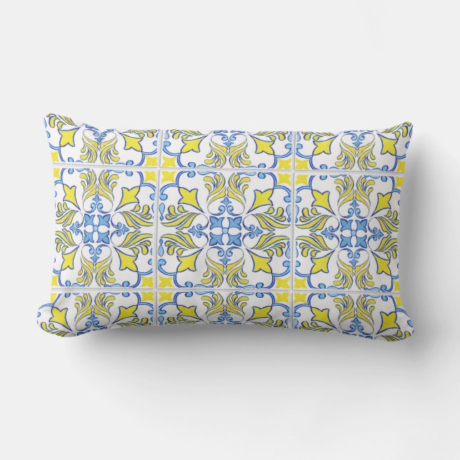 Portuguese Tile Pattern Yellow White Blue Outdoor Lumbar Cushion (Front)