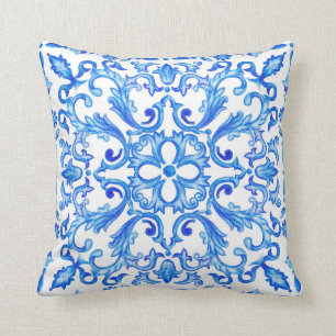 Portuguese Tile Scroll Pillow Blue