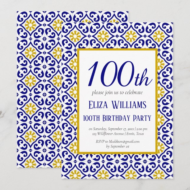 Portuguese Tiles 100th Birthday Mediterranean  Invitation (Front/Back)