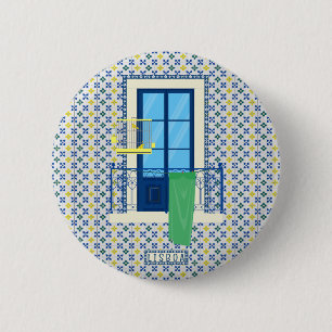 Portuguese tiles and window balcony with bird 6 cm round badge