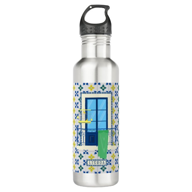 Portuguese tiles and window balcony with bird 710 ml water bottle (Front)
