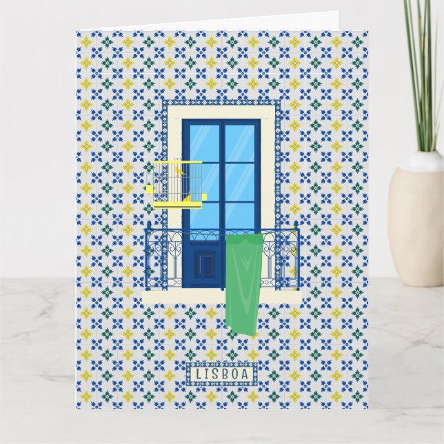Portuguese tiles and window balcony with bird card (Front)