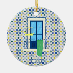 Portuguese tiles and window balcony with bird ceramic tree decoration