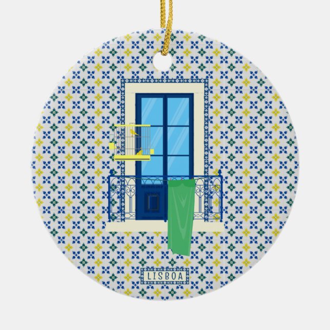 Portuguese tiles and window balcony with bird ceramic tree decoration (Front)