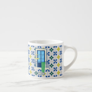 Portuguese tiles and window balcony with bird espresso cup