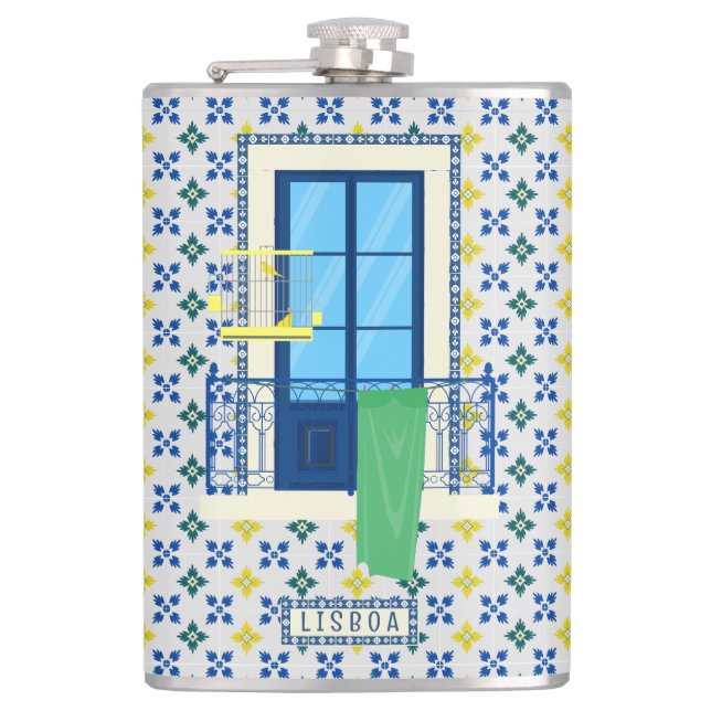 Portuguese tiles and window balcony with bird hip flask (Front)