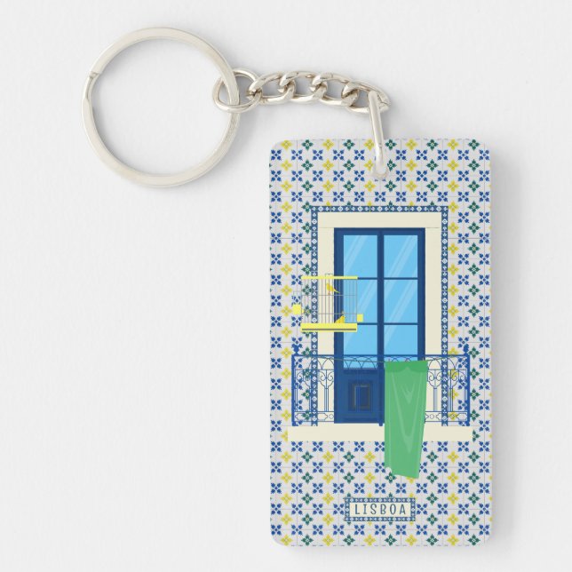 Portuguese tiles and window balcony with bird key ring (Front)