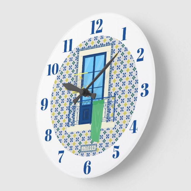 Portuguese tiles and window balcony with bird large clock (Angle)